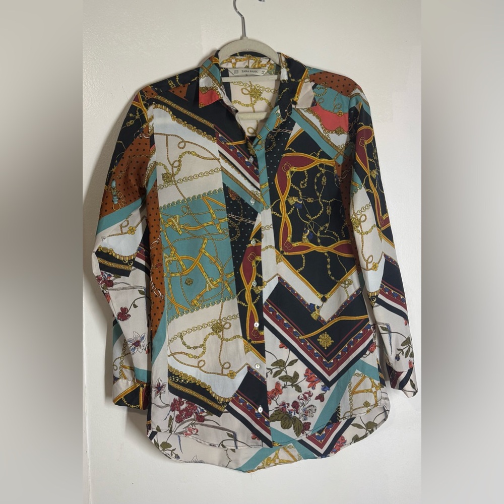 Zara Chain Patchwork Flowy Button Down Blouse - image 4